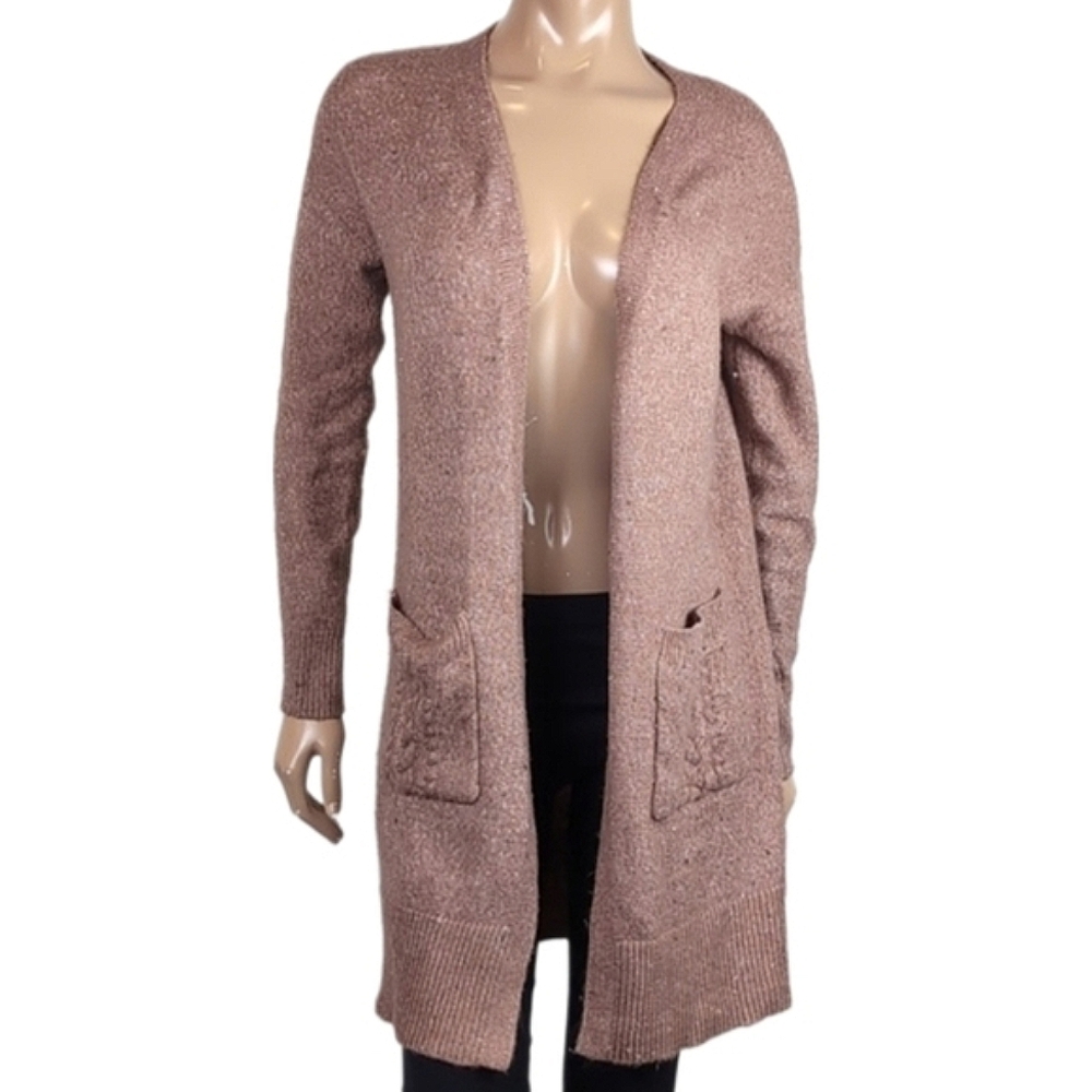 RW&Co Flecked Dusty Rose Cardigan Sweater Mid Length Open Front Winter Knit XS
